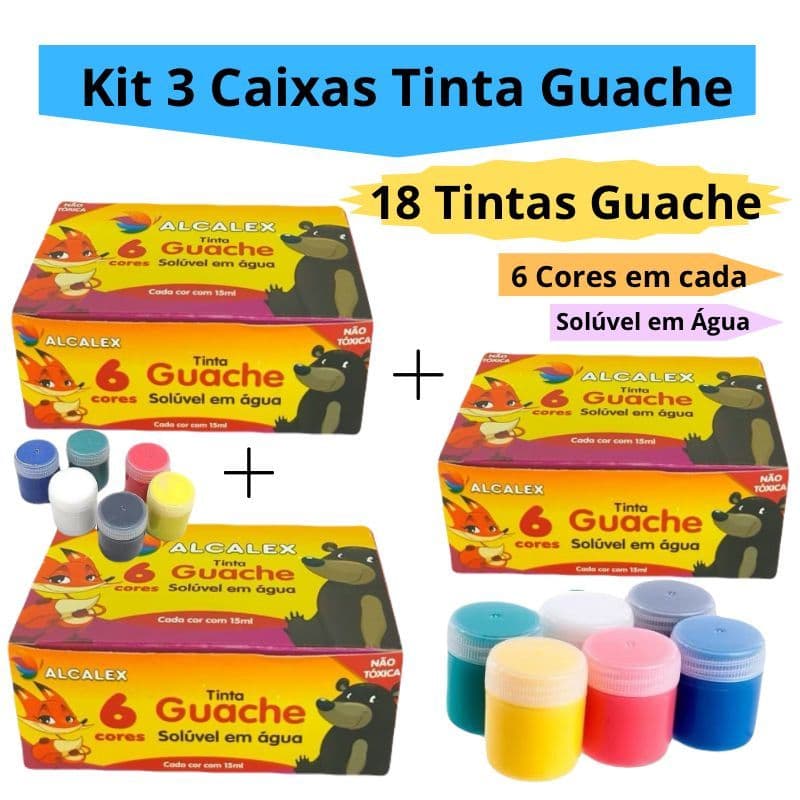Kit 3 Caixas Tinta Guache 15ml Caixa Com 6 Cores Diferentes 18 Tintas Pintar Infantil Escolar Alcalex