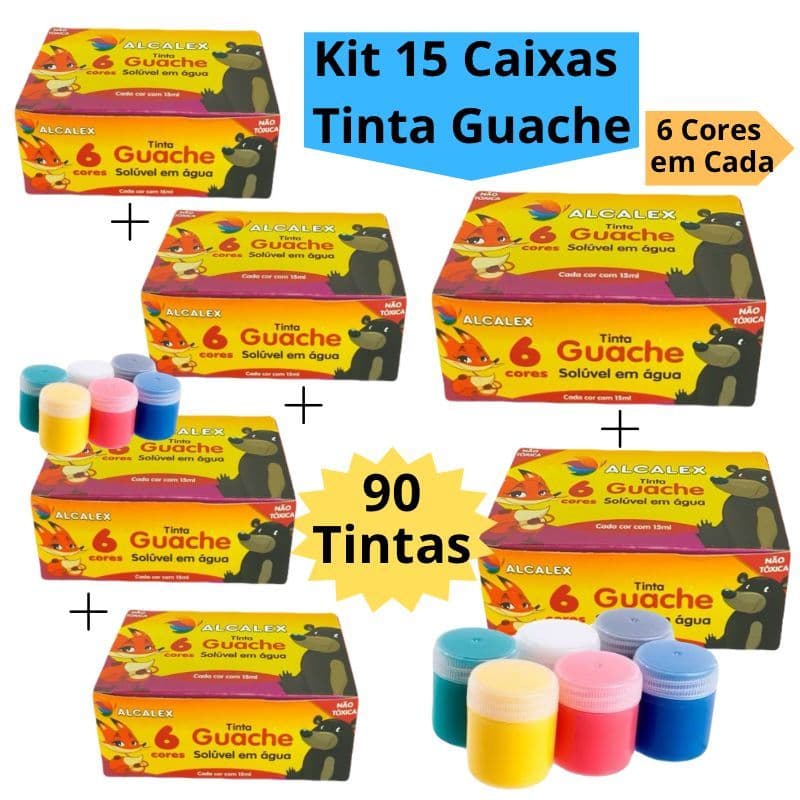 Kit 15 Caixas Tinta Guache 15ml Caixa Com 6 Cores Diferentes 90 Tintas Escolar Infantil Alcalex