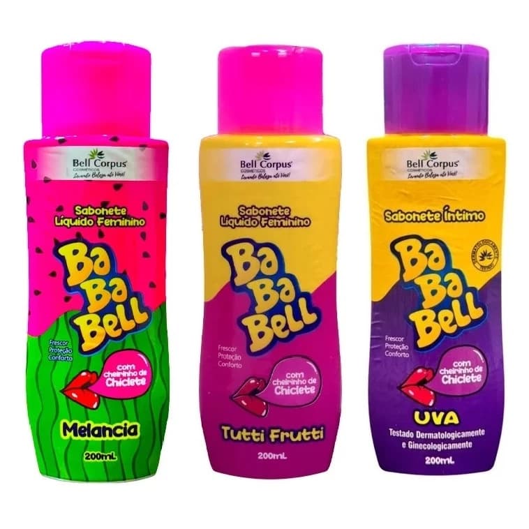 Kit 12 Sabonete Líquido Íntimo Bababell Tutti Frutti + Uva + Melancia 200ml - Bell Corpus