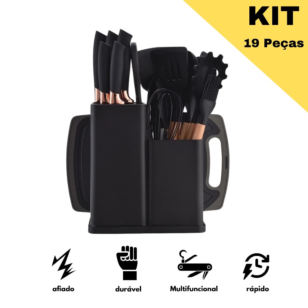 Kit 19 Peças Jogo de Utensílios Para Cozinha em Silicone Com Cabo de Madeira Completo