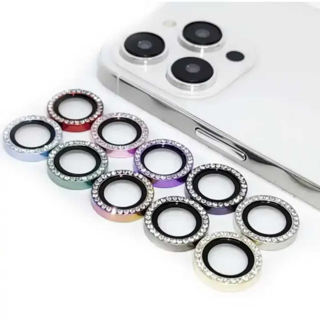 Kit Pelicula de Câmera Metal com Strass Brilho para Iphone 11, 12, 13, 14, 15 Mini Plus Pro Max