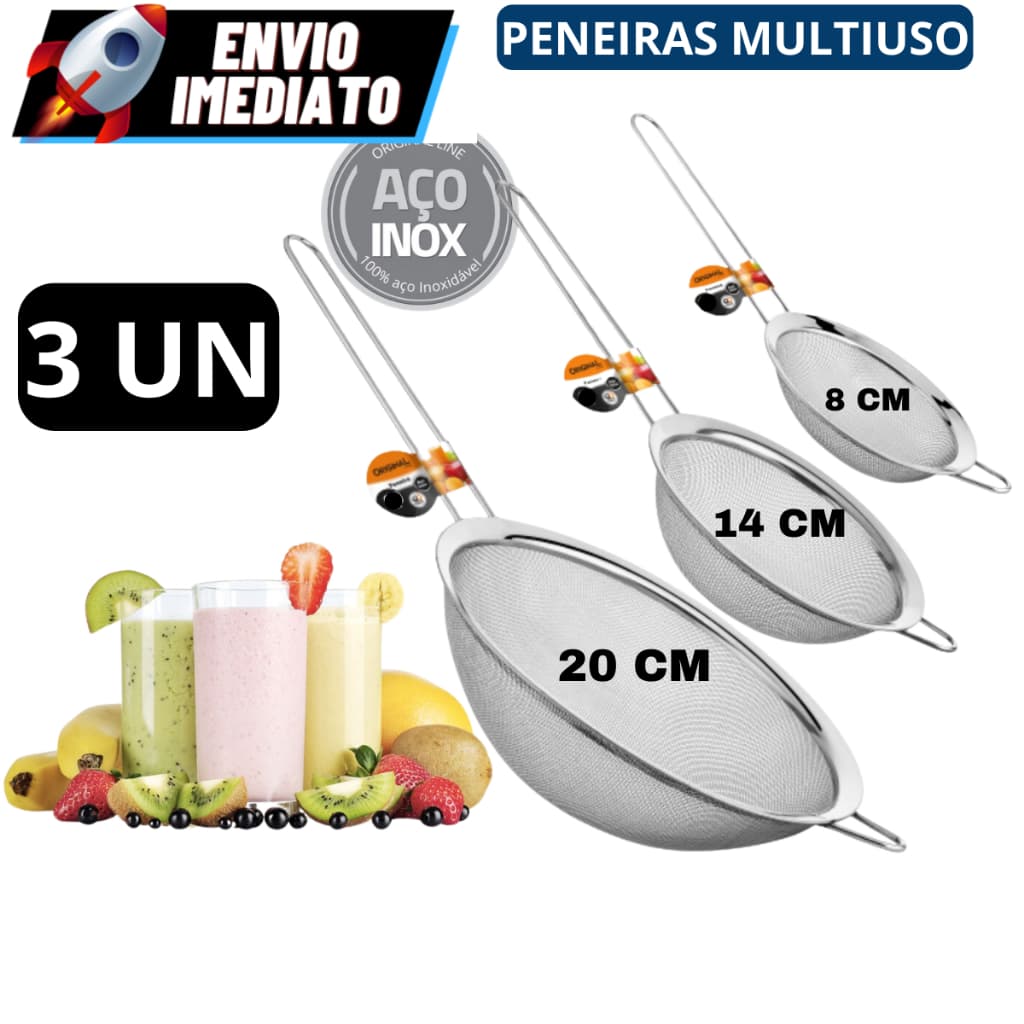 Kit 03 Peneira Coador Manual Em Aço Inox Para Cozinha 8cm 14cm 20cm