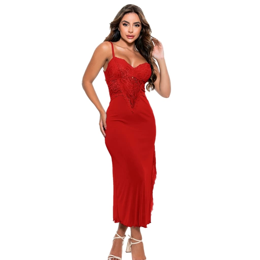 Camisola Longa Poliamida Fenda Luxuosa Sexy Lisa Alças Reguláveis Moda Feminina Sensual