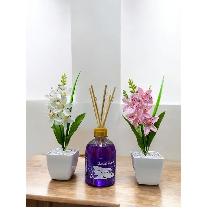 Kit 2 Vasos Decorativos com Flores + Difusor de Aromas 270ml – Para Sala, Quarto, Banheiro e Escritório