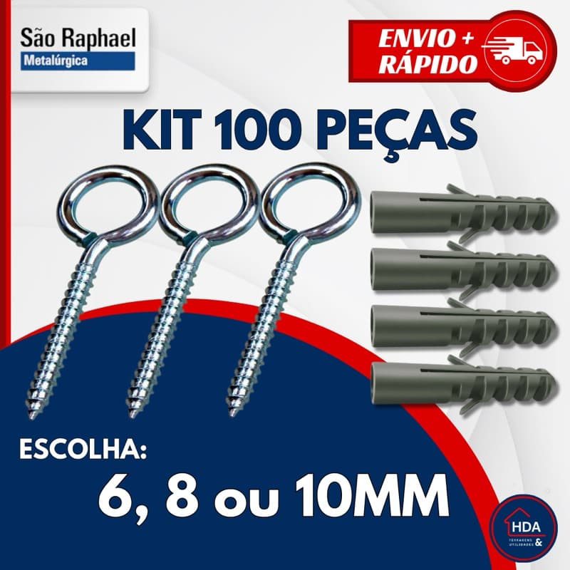 Kit de Gancho Fechado Pitão e Bucha para Fixação de 6, 8 ou 10 mm - 100 ou 50 Peças - São Raphael