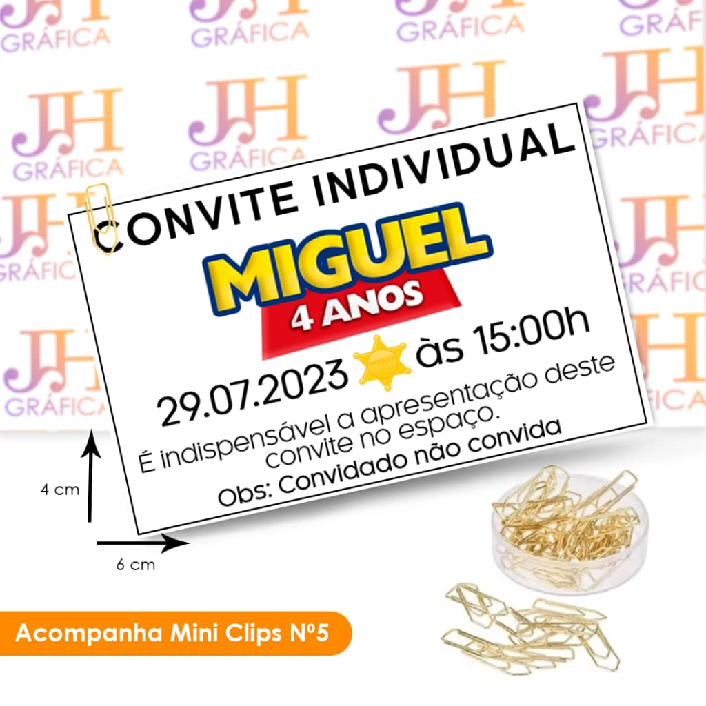Convites individuais infantil qualquer tema + clips dourados I Tam 6x4cm