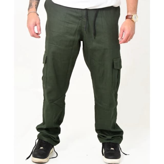 CALÇA CARGO VERDE ESCURO  JEANS E SARJA UNISSEX LARGA 6 BOLSOS CORDÃO PARA AMARRAR DO P AO GG