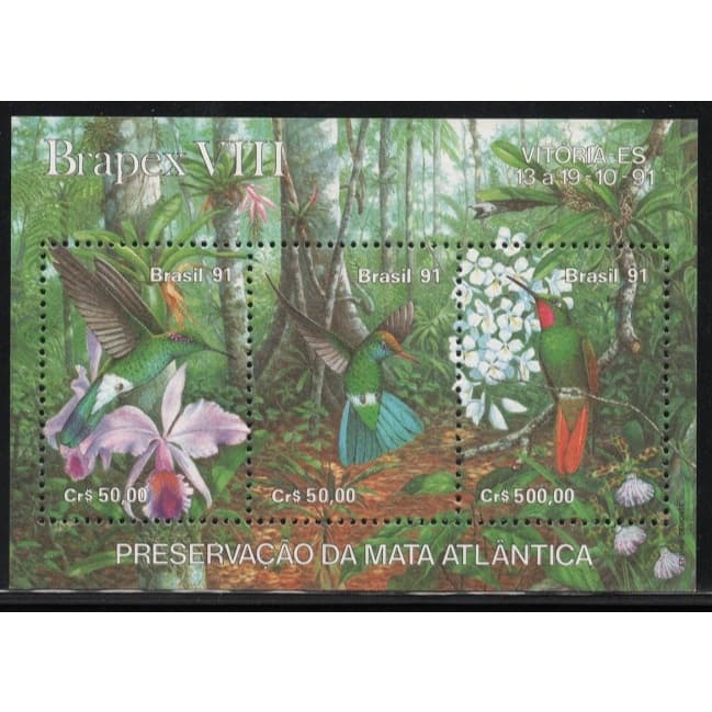 Bloco Beija-flores - BRAPEX 91 - selo de carta - filatelia -  NOVO - ano 1991 - catálogo RHM B88