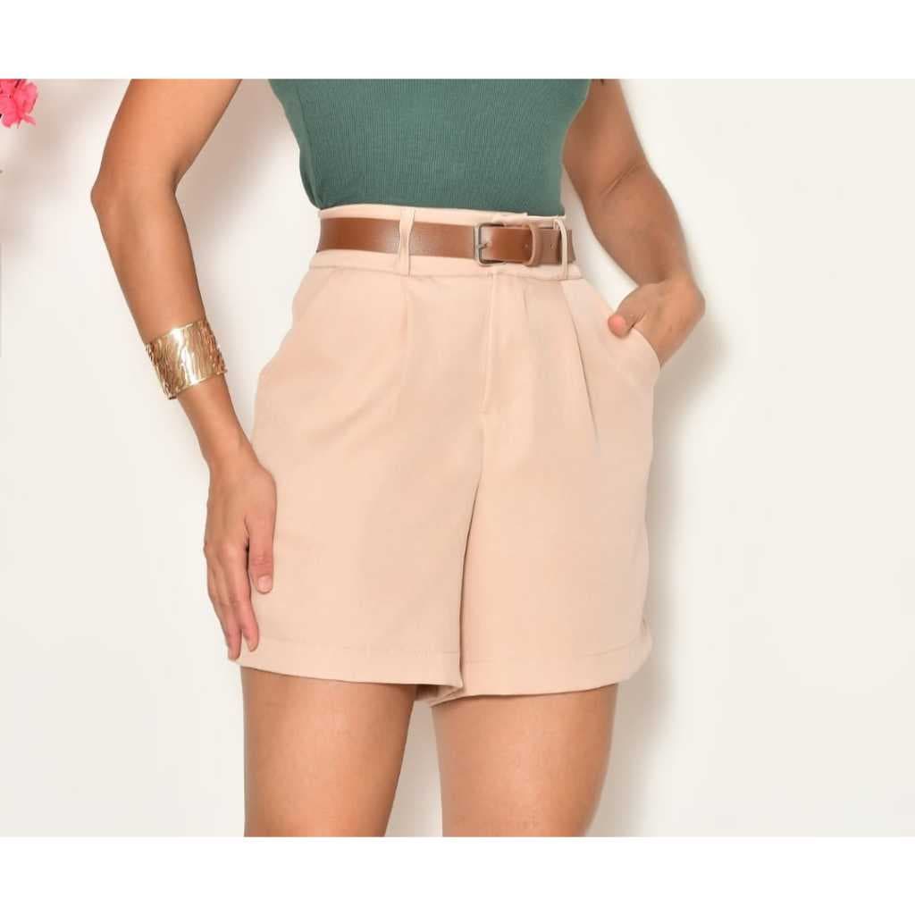Short Alfaiataria social feminino com cinto de couro short de verão