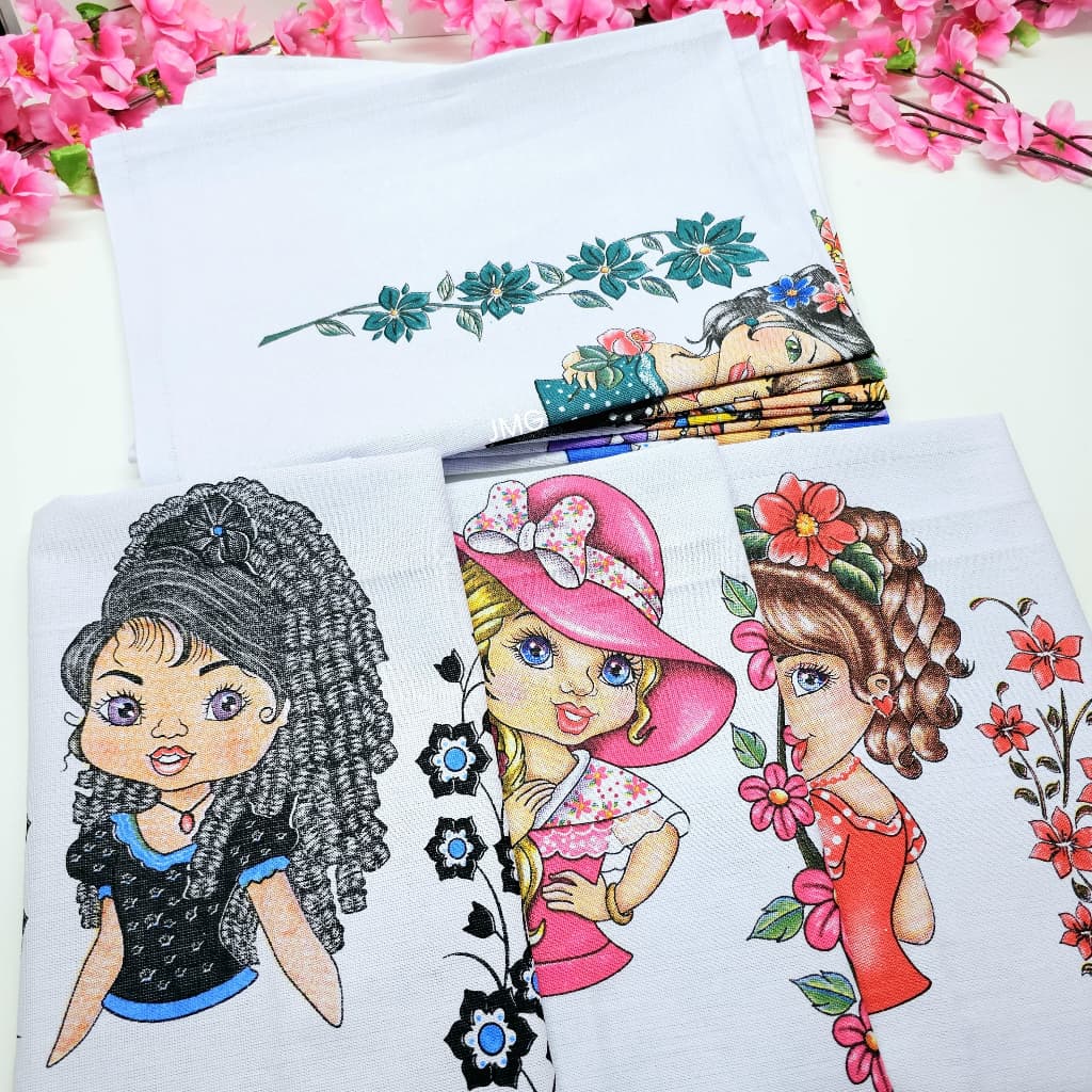 Kit 10 Panos de Prato Bonequinha Misto 73x50cm Nova Era 100% Algodão Decoraçao Artesanato Croche Bordado Pintura Grande