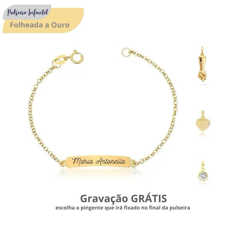 Pulseira Dourada Infantil Bebê Com Nome Gravado Hipoalergênica