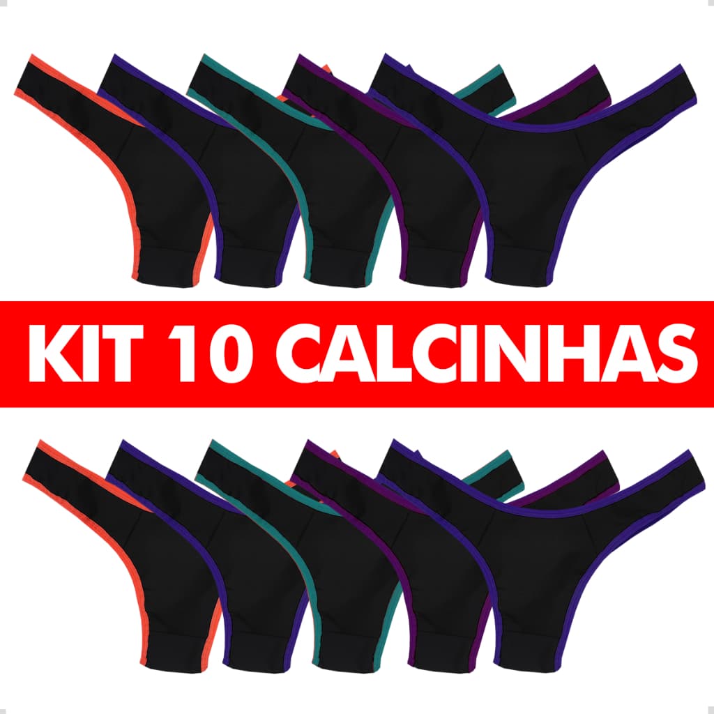 Kit 10 Calcinhas pretas Feminina Tanga em Suplex e Microfibra Adulto Conforto