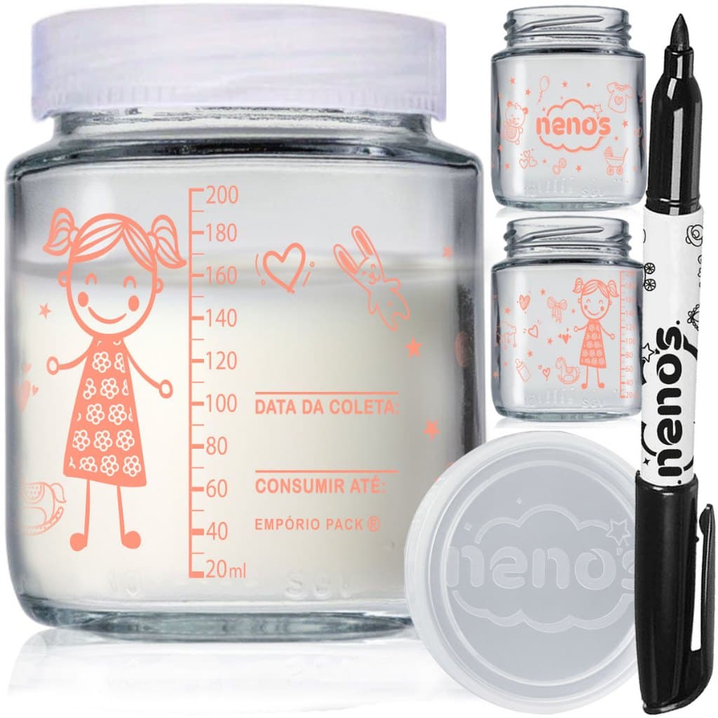 10 Potes de Vidro Armazenar Leite Materno ou Papinha com Graduação 200ml (MENINA 240ML)