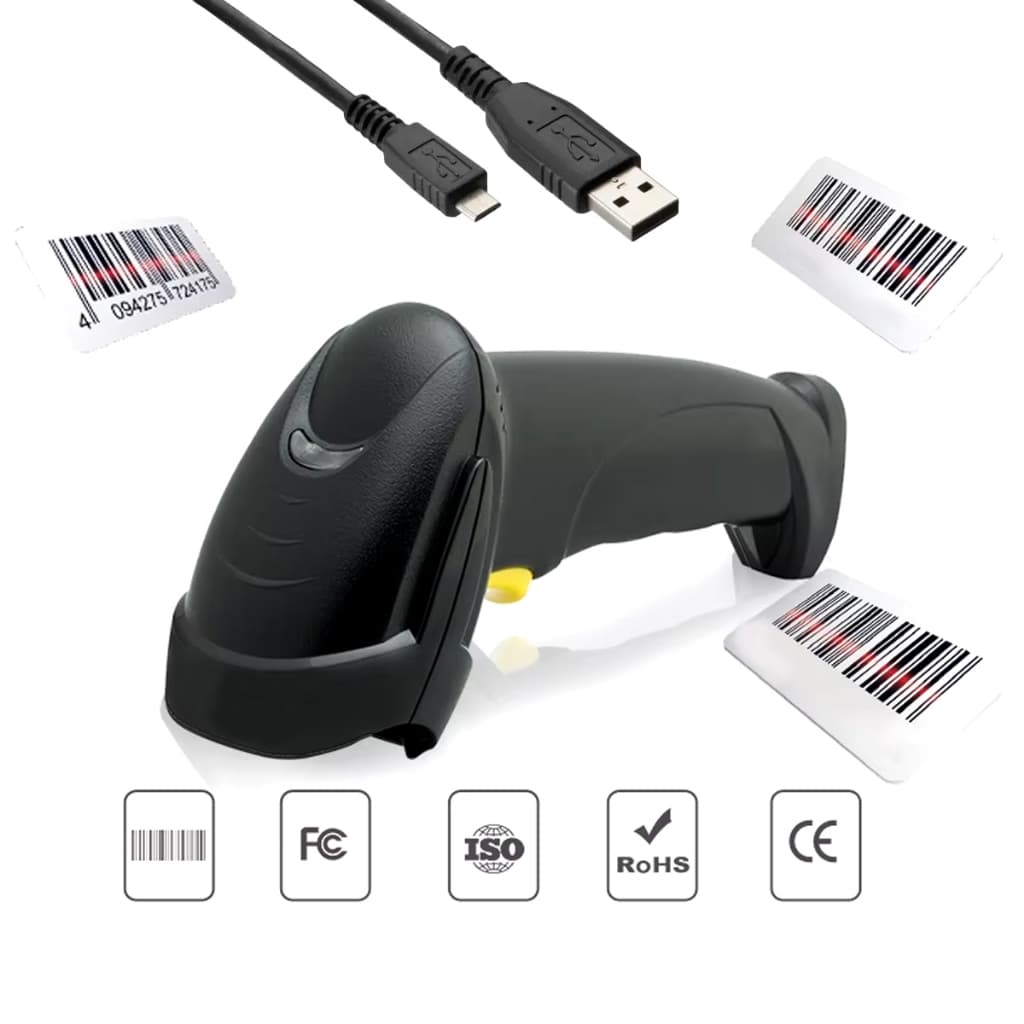 Leitor de Código de Barras 1D USB com Fio e Sensor Automático – Scanner Laser Rápido 2.4GHz