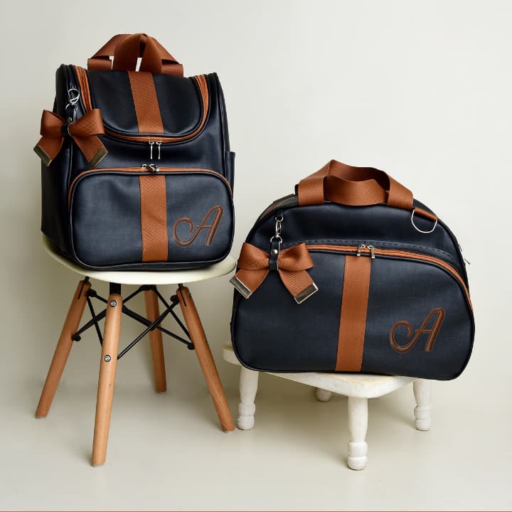 Kit Bolsa Maternidade Personalizado e Bordado 2 Peças l Mala e Mochila l luxo com Laço