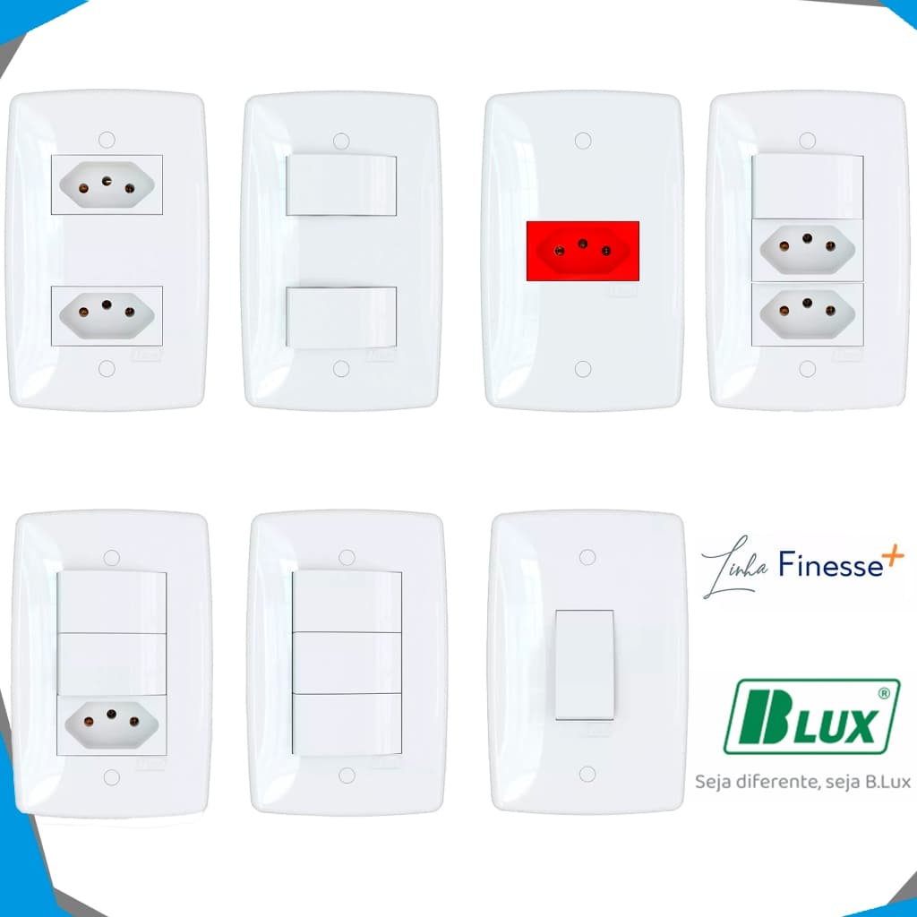 Tomada10A 20A Interruptor Simples Paralelo Blux Finesse + Conjunto 4x2 Fácil Instalação Branca