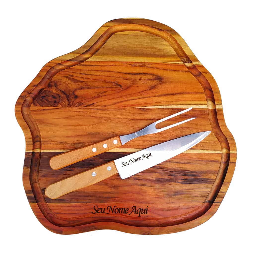 kit churrasco personalizado tábua premium faca e garfo inox