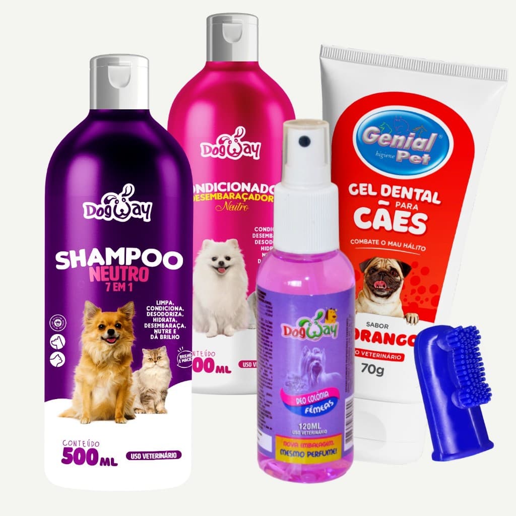Kit Banho e Tosa Shampoo Condicionador Neutro Perfume Dog Escova de dente e Pasta Dental Cachorro gato