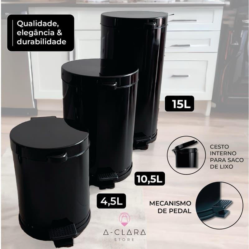 Lixeira Cesto De Lixo Pedal Pia Cozinha Banheiro 4,5 Litros Cor Preto