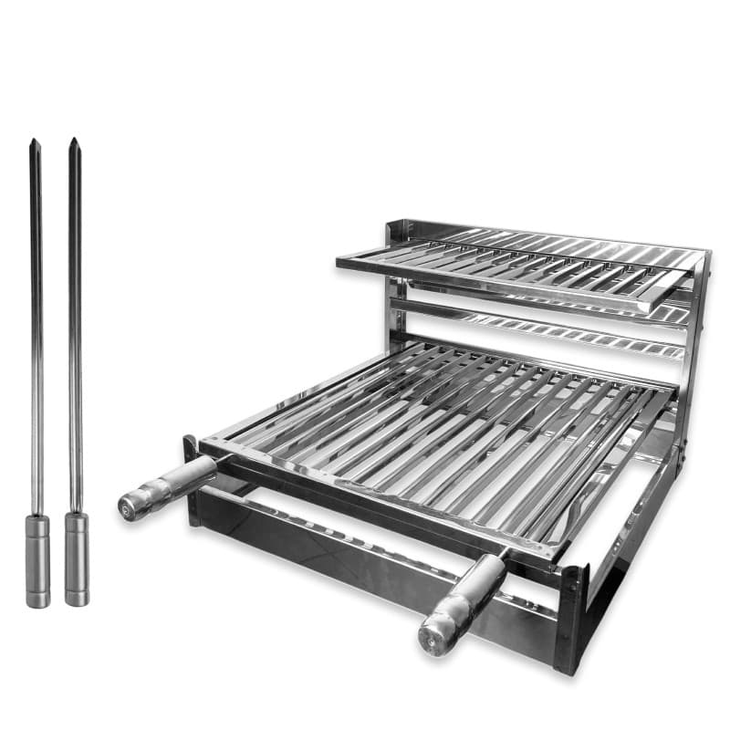 Suporte Grill Inox para Churrasqueira com Apoio de Grelha e Espeto Kit Bancada Suspenso Premium