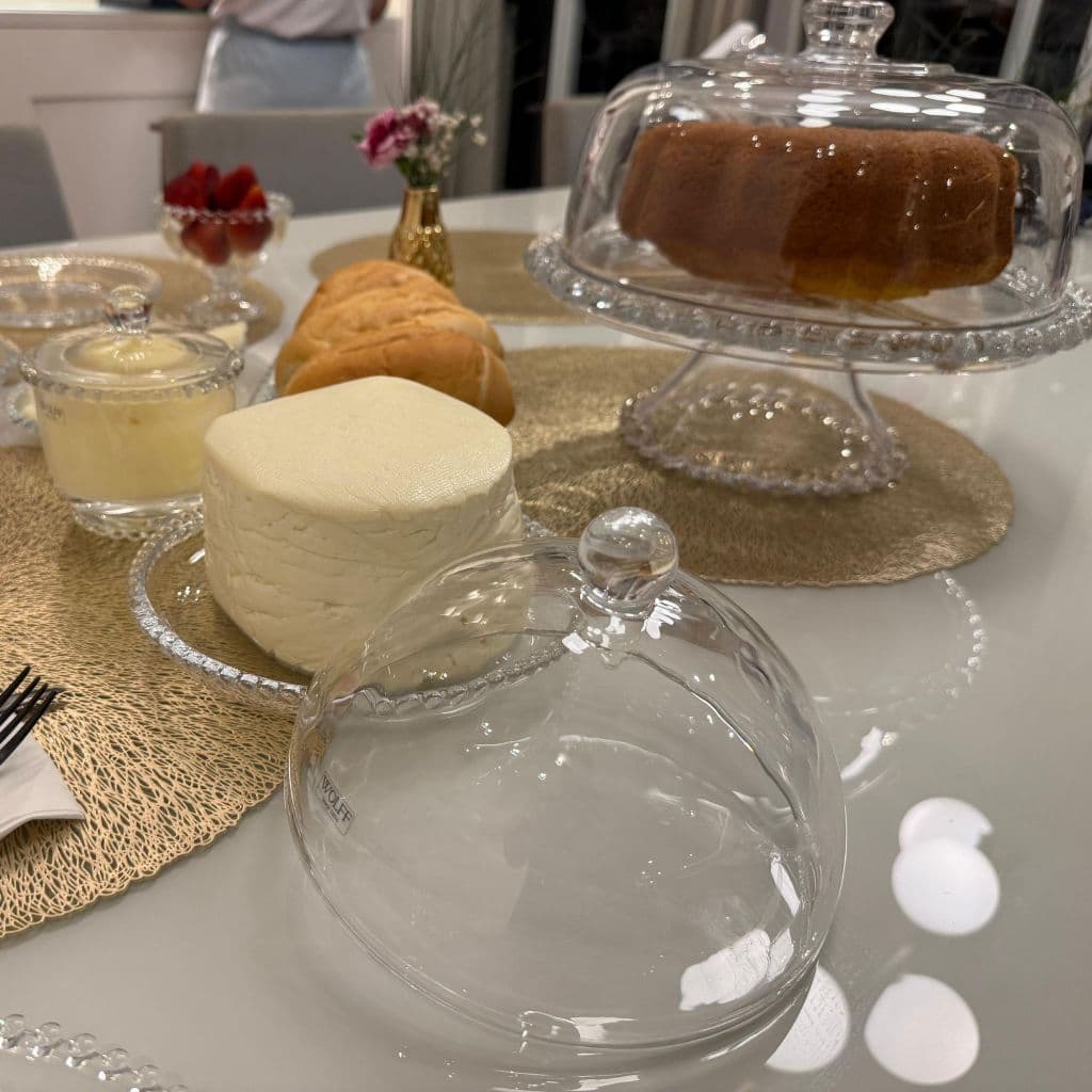 Queijeira com tampa de Cristal 20x12cm, manteigueira, Xícara 80ml Linha Pearl