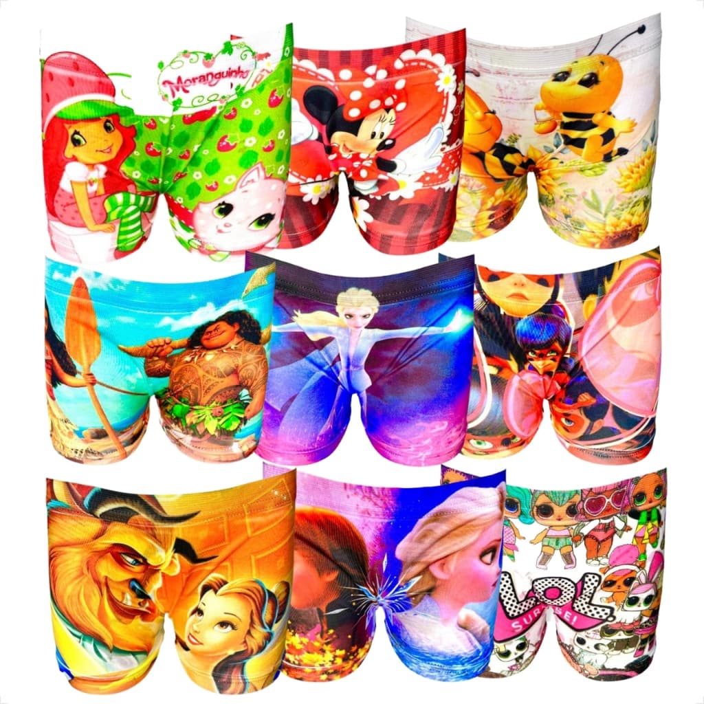 Kit 5 Cueca Box Feminina Calcinha Shortinho Sublimada Juvenil Personagem Menina Disney
