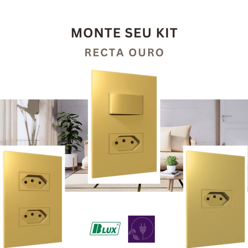 Conjunto tomada dourada 10a, 20a, placa cega, tomada dupla, tripla, interruptor simples Recta Ouro