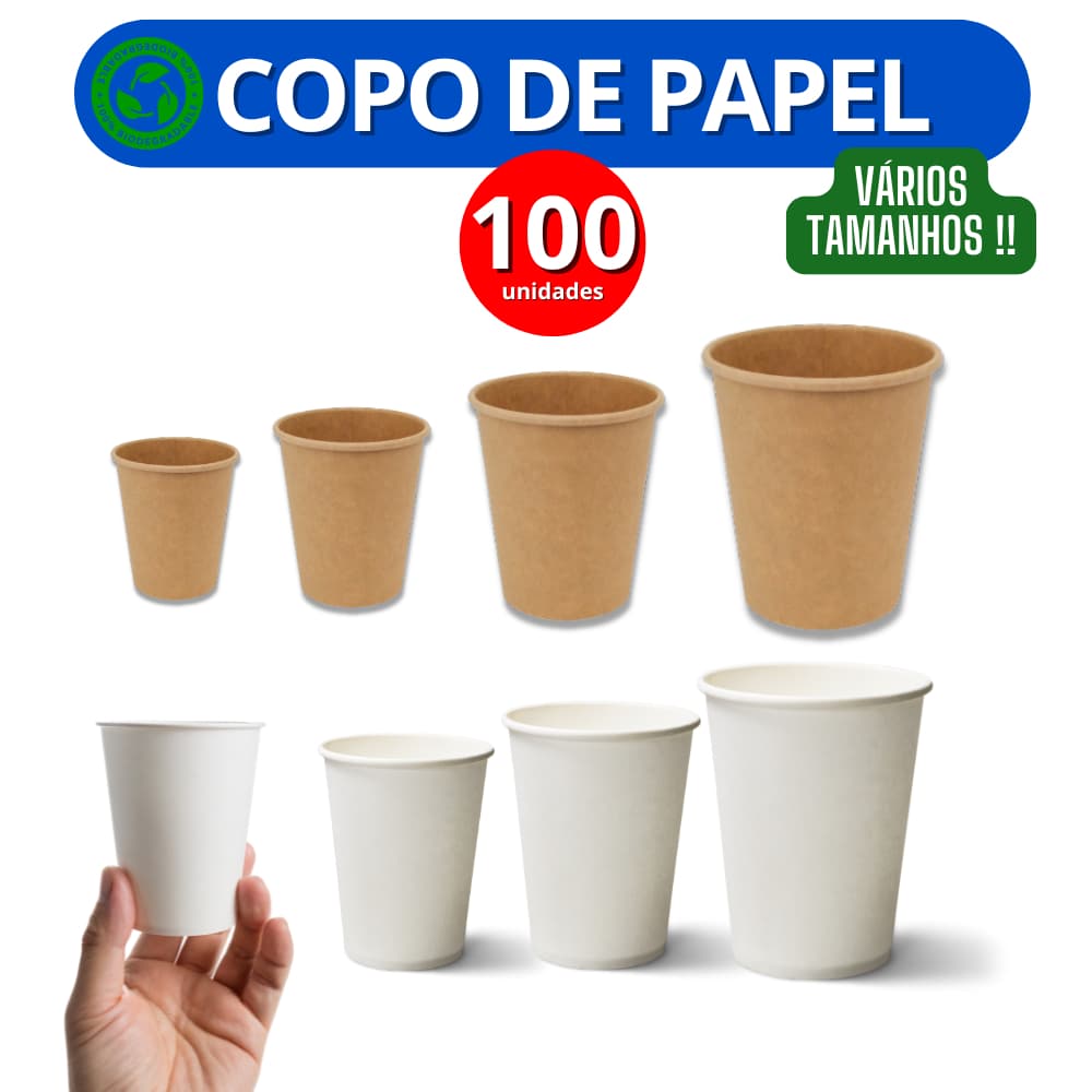 Copo de papel biodegradável 100 unidades - 60ml / 85ml / 110ml / 170ml / 240ml / 300ml / 375ml