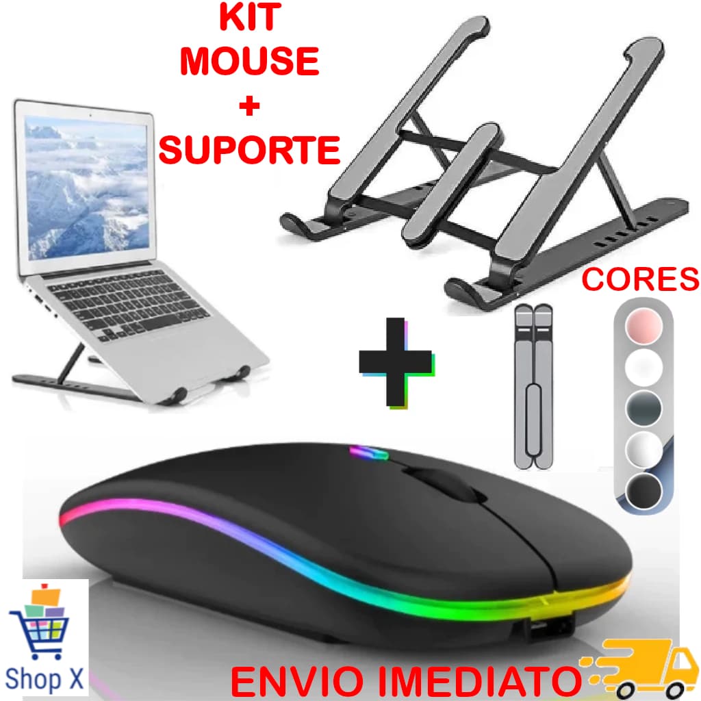 Kit Mouse Sem Fio Recarregável mais Suporte Notebook Tablet Regulável e Mousepad Home Office