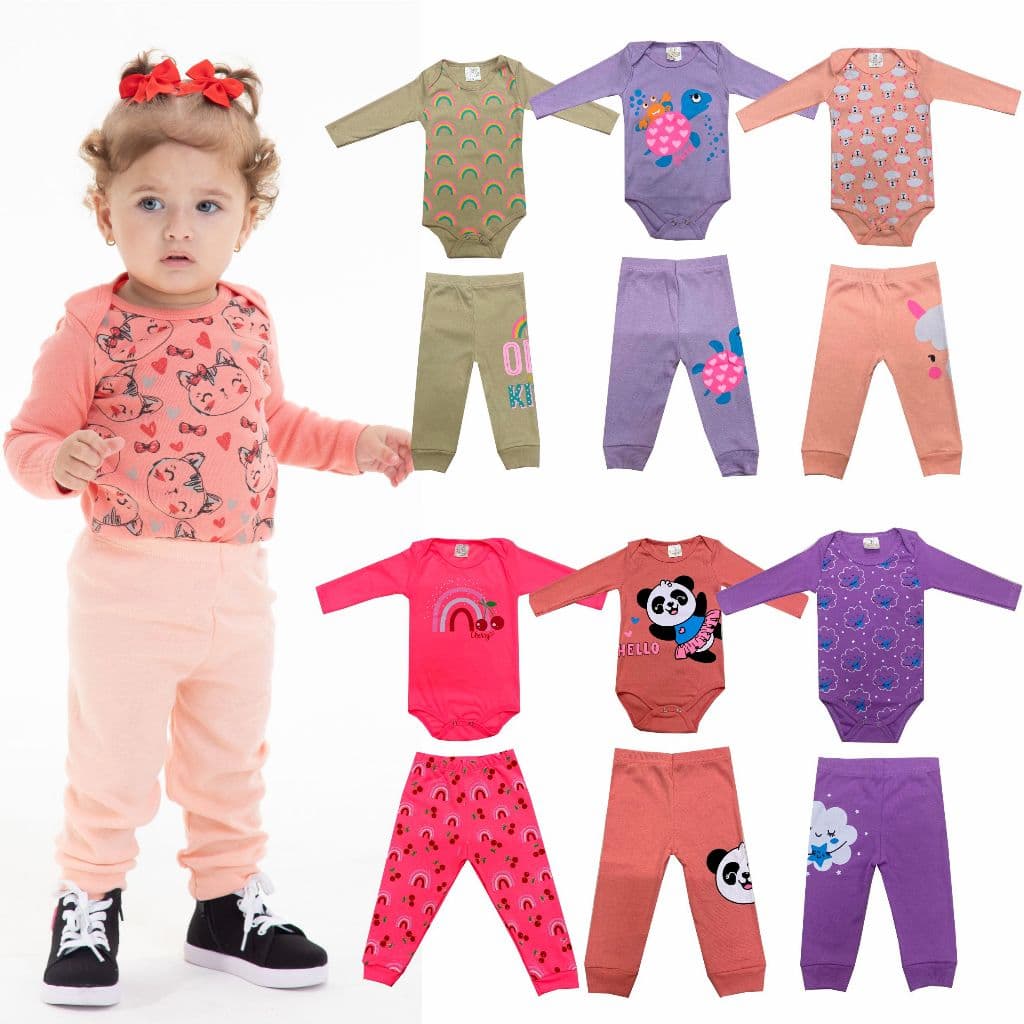 Kit 10 Peças Body  Feminino Sortidos 5 Body + 5 Calças - 5 Conjuntos Macaquinho Menina