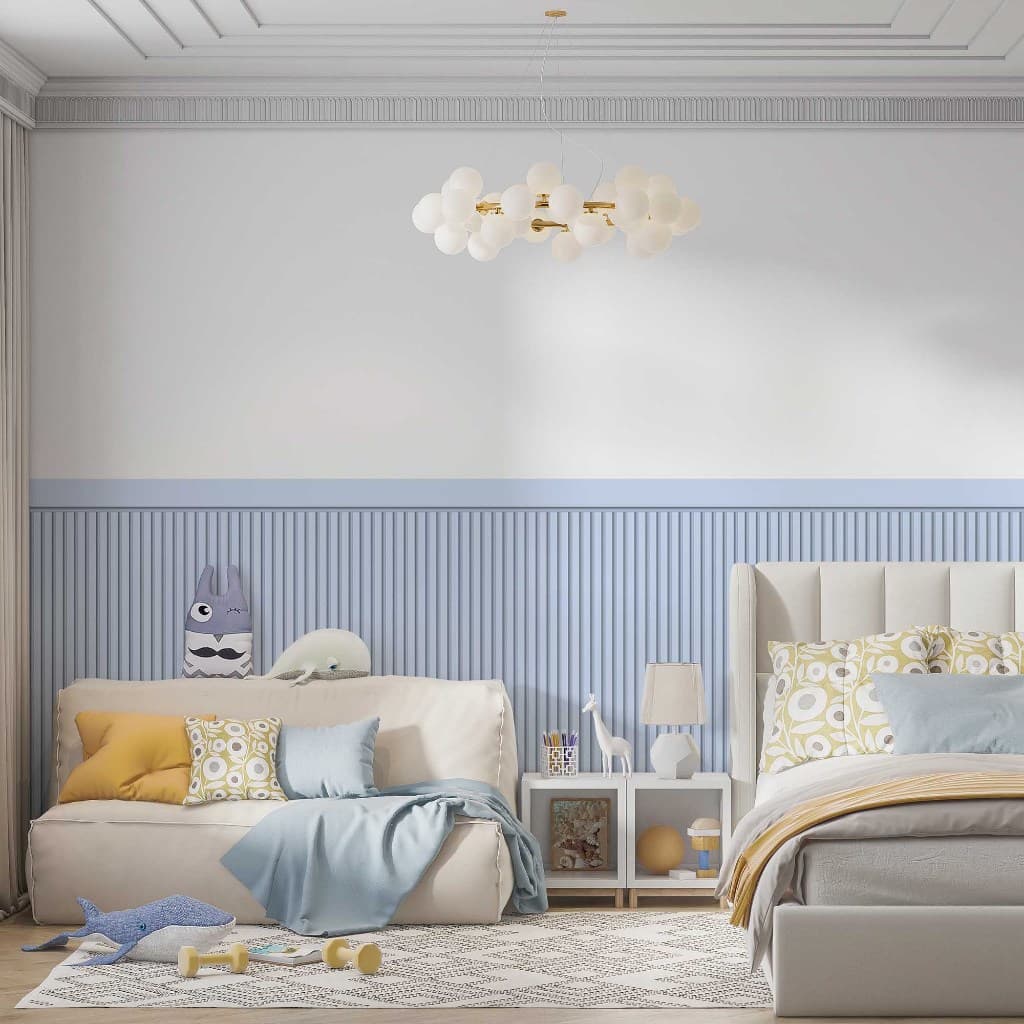 Papel De Parede Adesivo Ripado Azul Claro Com Faixa Para Meia Parede