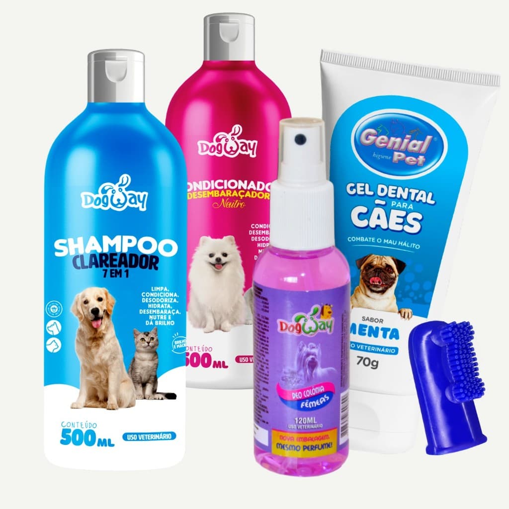 Kit Banho e Tosa Femia Shampoo Clareador Condicionador + Kit Bucal Anti Bafo Genial Caes e Gatos