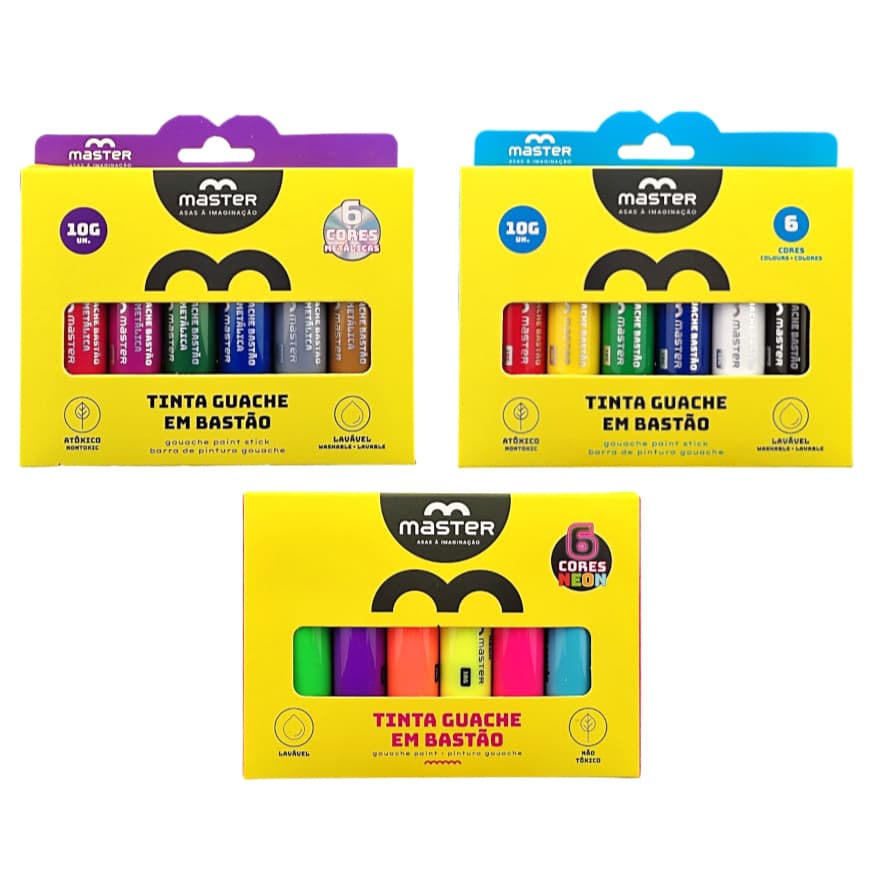 Tinta Guache em BASTÃO 6 Cores NEON - METÁLICA - CORES PRIMÁRIAS - Retrátil - Lavável e Não Tóxico