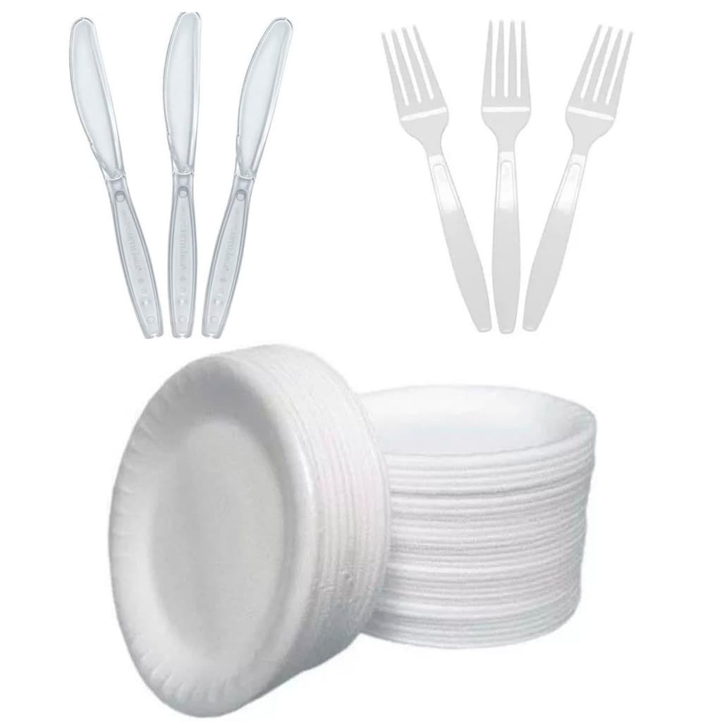 Kit Churrasco Feijoada Refeição 50 Pratos Isopor 50 Faca 50 Garfo Descartável