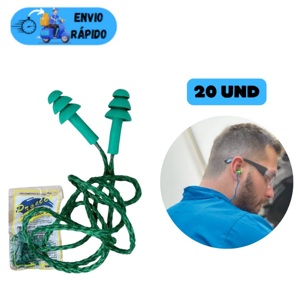 KIT 20 PROTETORES DE OUVIDO PROTECT AURICULAR PLUG COR VERDE SILICONE CONTRA SONS E RUIDOS ALTOS