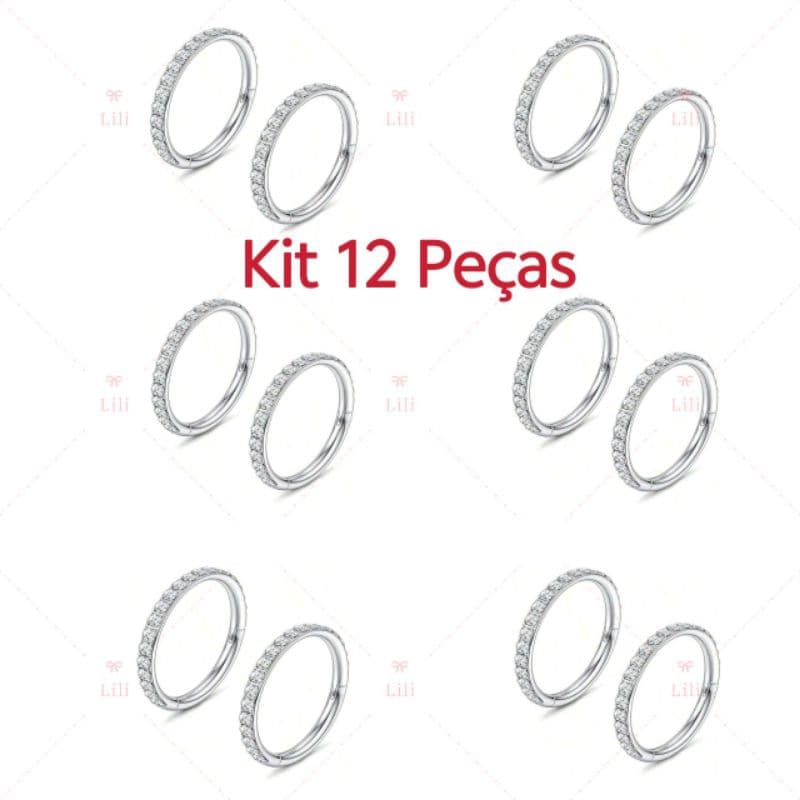 Kit 6/12 Peças Piercing de Argola Click Aço cirúrgico com Zircônia - Prata