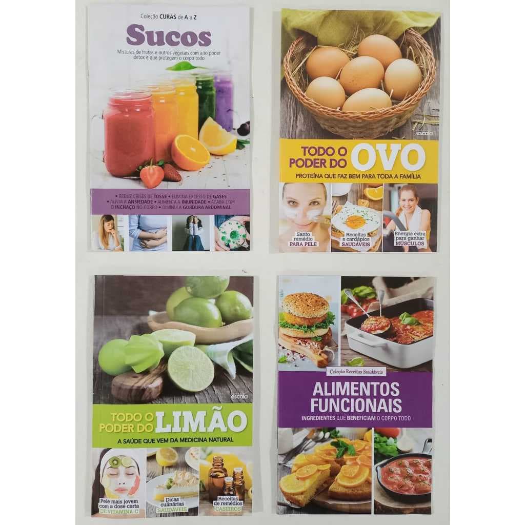 Kit CURAS de A a Z - 4 Livros  : SUCOS, Poder do OVO, Poder do LIMÃO e ALIMENTOS FUNCIONAIS