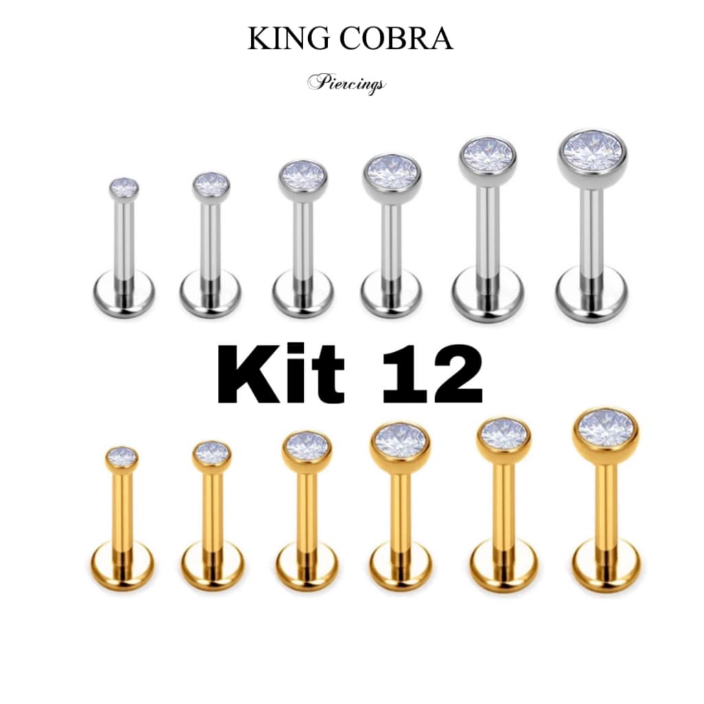Kit 12 Piercing Labret Aço Cirúrgico Zircônia Rosca Interna | Helix, Tragus, Conch, Nariz, Boca-Medusa e Outros KA117