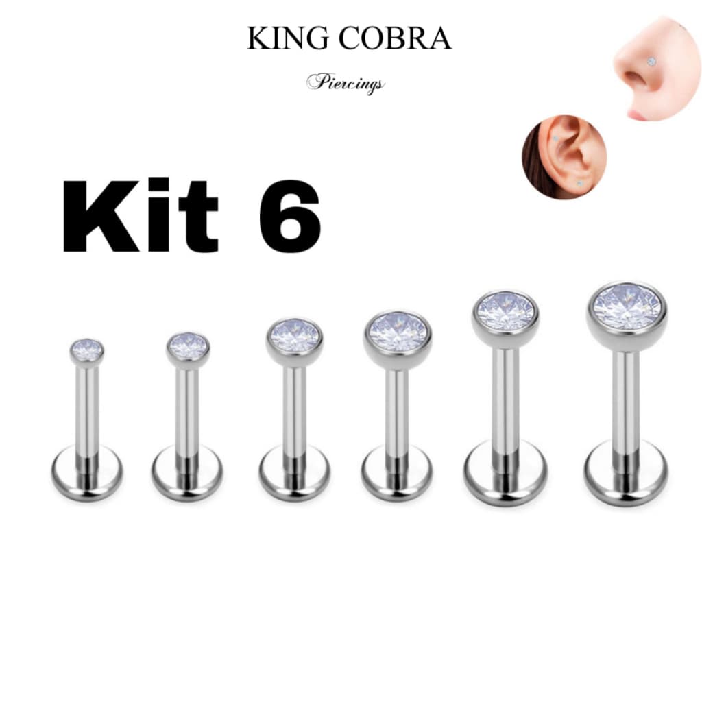 Kit 6 Piercing Labret Aço Cirúrgico Zircônia Rosca Interna | Helix, Tragus, Conch, Nariz, Boca-Medusa e Outros KA117