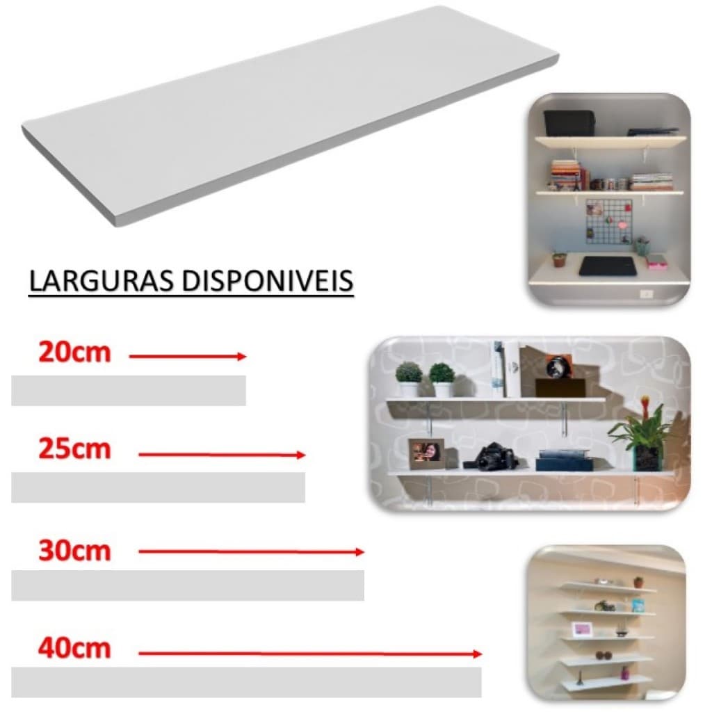 Prateleira Lisa Branca / Preto MDF - MDP 1.5 cm Espessura Largura 20 - 25 - 30 - 40 cm