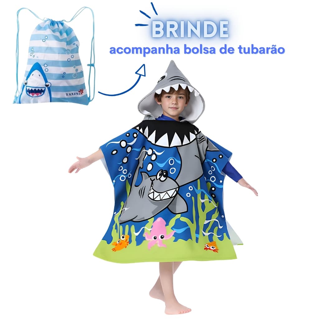 Toalha Infantil de Tubarão com capuz para verão atoalhado - estilo poncho roupão