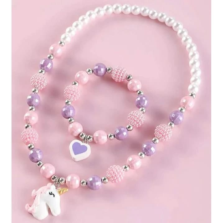 Kit de Colar e Pulseira de Miçangas Unicórnio Calda de Sereia Coração Conjunto Infantil