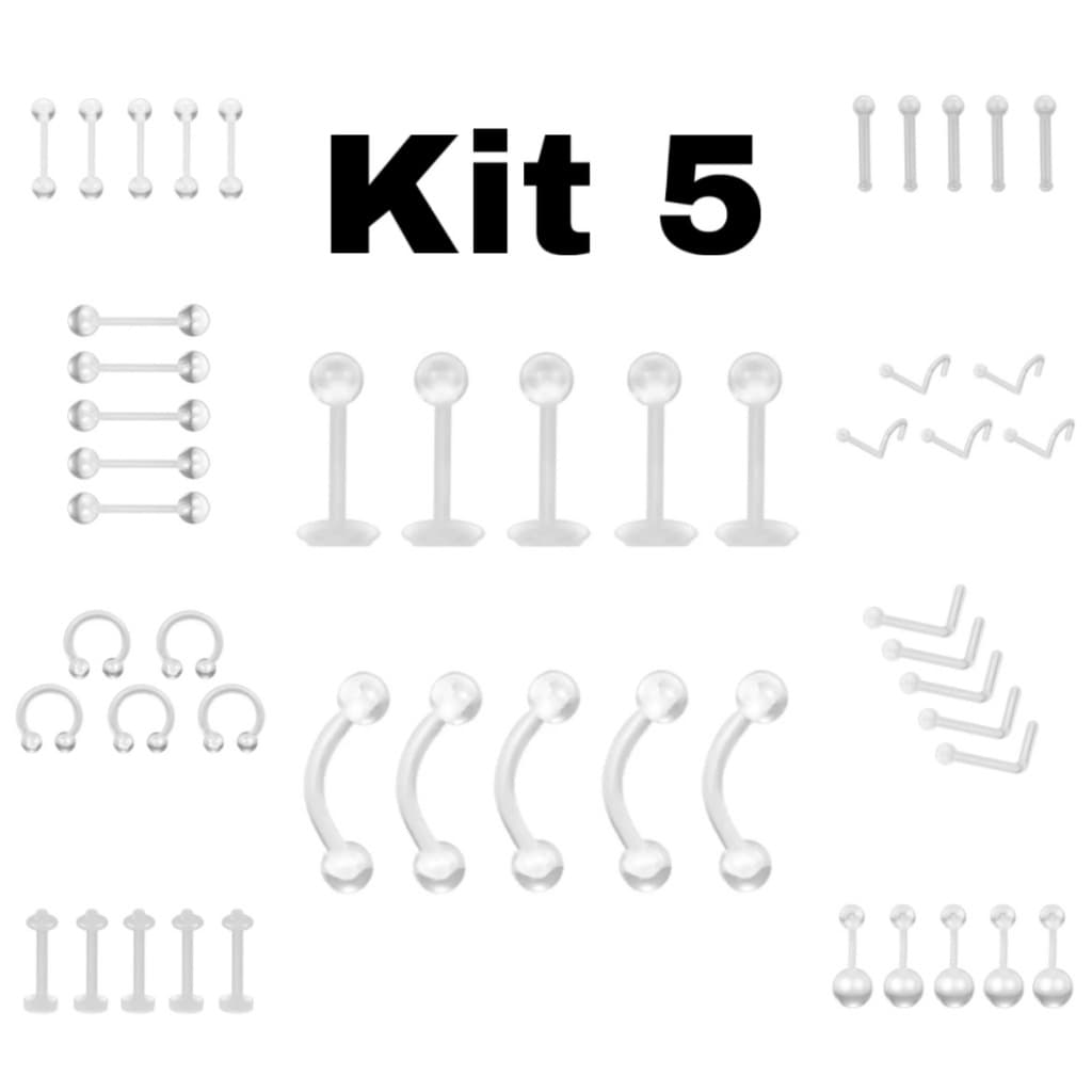 Kit 5 Piercing Silicone Transparente Flexíveis Ferradura Nariz Helix bioplast plástico unissex KA604