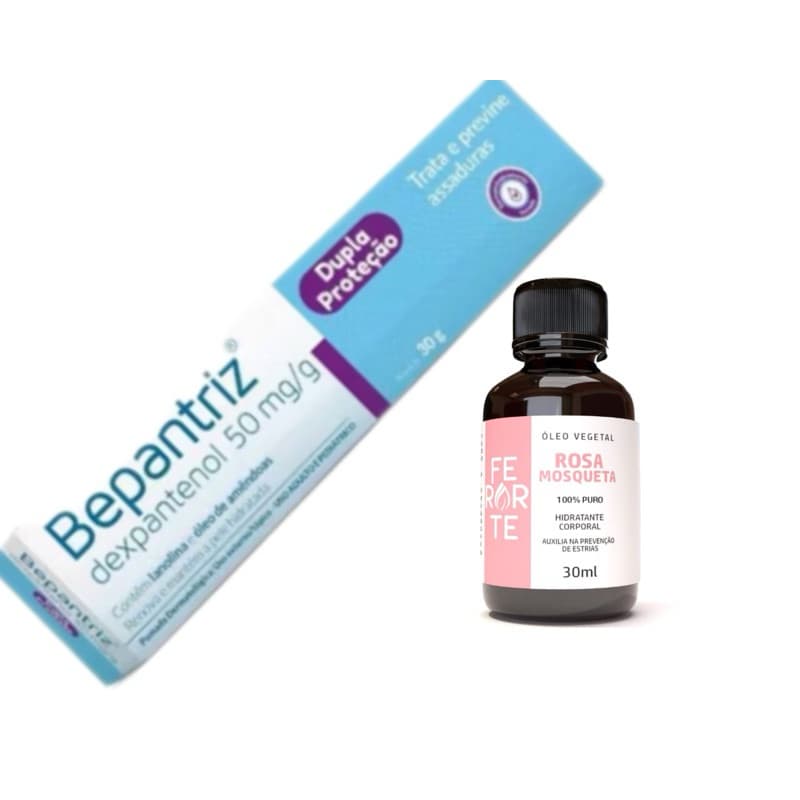 kit óleo de rosa mosqueta 100% puro mais pomada bepantriz clareamento, manchas, antissinais