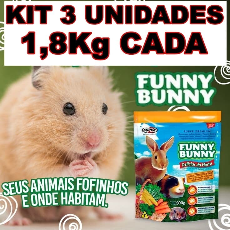 3 Raçâo Funny Bunny 1,8KG para Hamster, Porquinho da India, Coelho Funny Bunny delicias da horta.