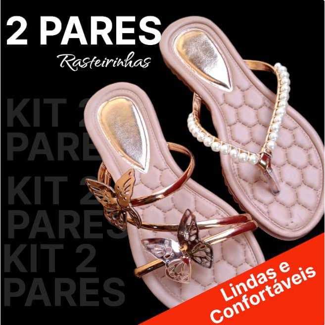 Kit 2 Pares Sandália Rasteirinha com Strass e Brilho Diversos Modelos