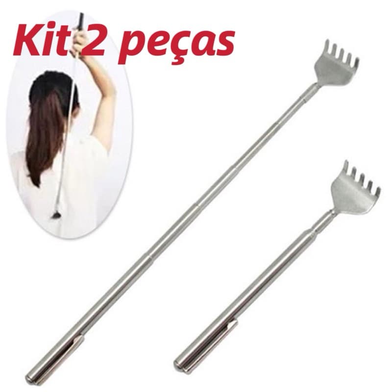 Kit 2  pecas Coçador De Costas Mãozinha Em Aço Inox Telescópio Regulável Para Coçar Costas