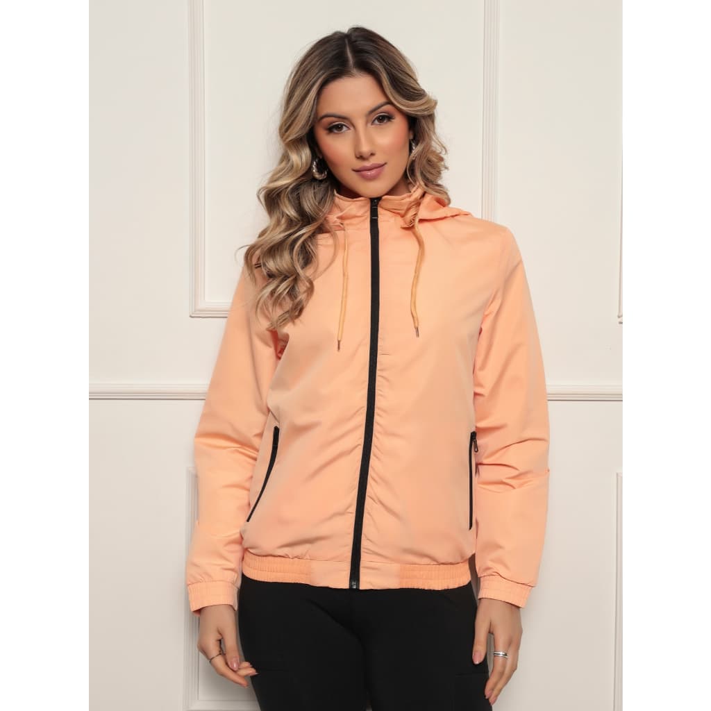 Jaqueta Corta Vento Feminina Esportiva Detalhe Zíper Elástico Cintura Capuz Removível Básica Inverno