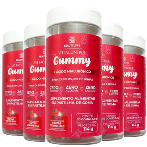 Kit 5 VittaControl Gummy ZERO Vitamina e goma Cabelo, Unhas e Pele com Ácido Hialurônico CONCENTRADO