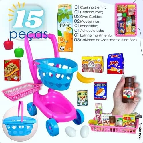 Carrinho de Compra Infantil com Kit Hortifrut Brinquedo comidinha Criatividade Brincadeira Educativa